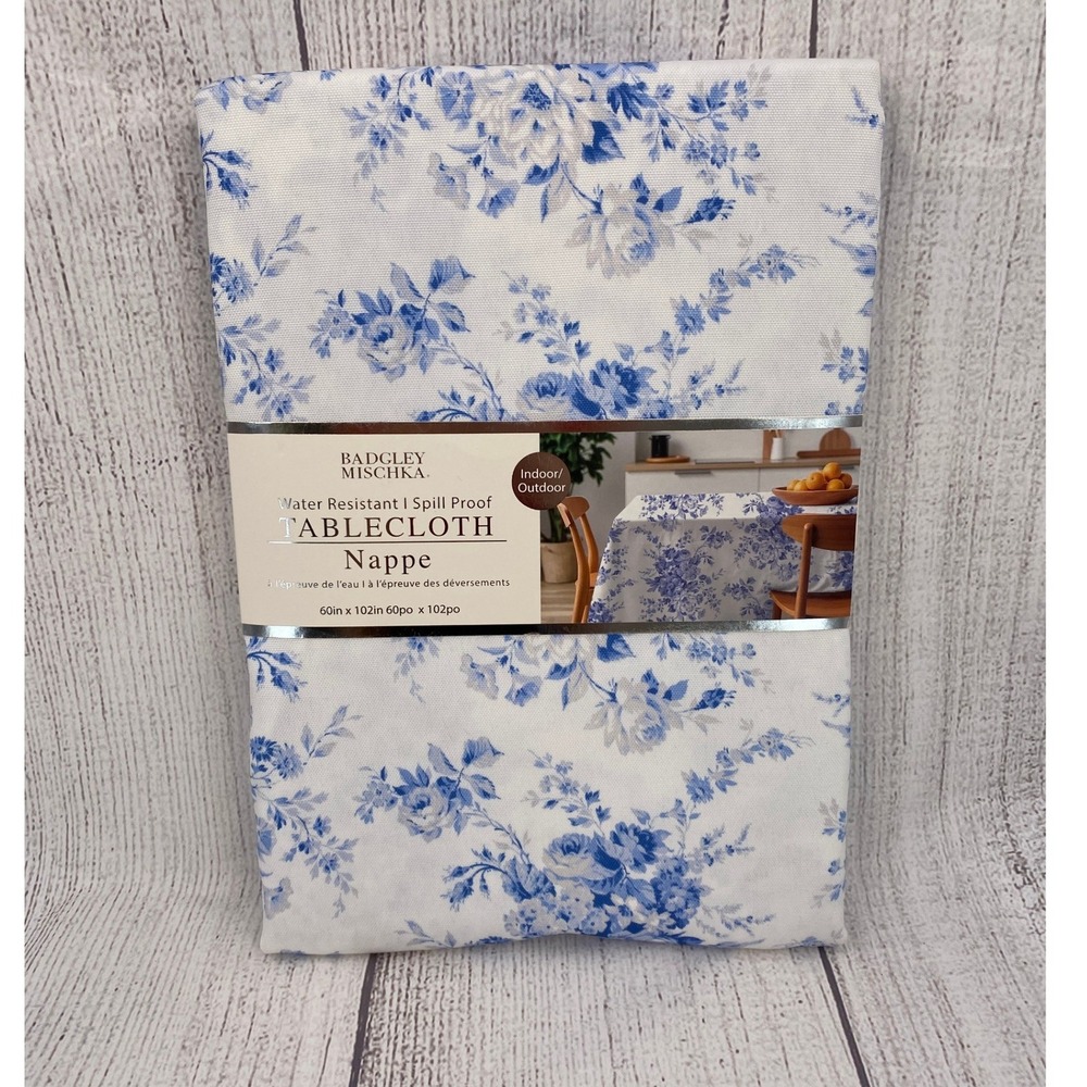 Badgley Mischka Tablecloth 60x102 Blue White Floral Toile Spill Proof Oblong